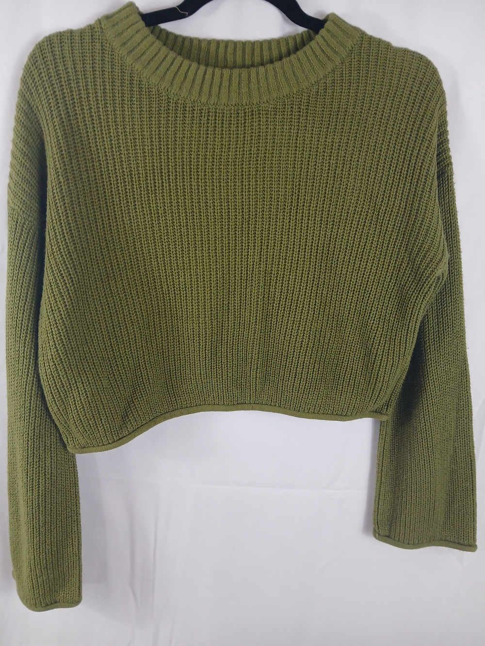Olive Green Cropped Rib-Knit Women's Sweater